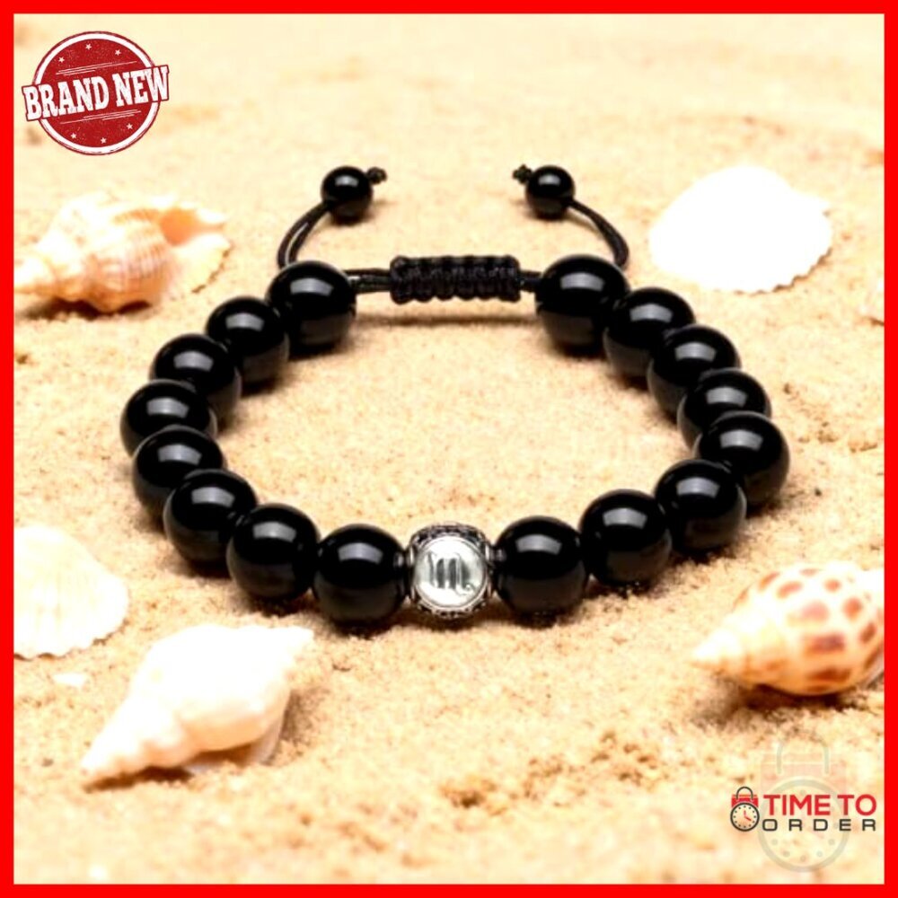 Adjustable Sterling Silver Obsidian Zodiac Bracelet Unisex Bangle - Picture 2 of 4